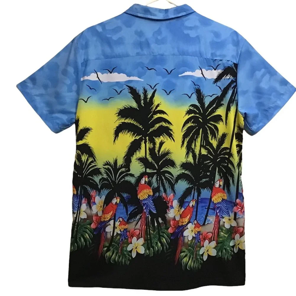 Vtg Hawaiian Shirt Mens Sz M All Over Parrots Floral Birds Tropical Palm Trees